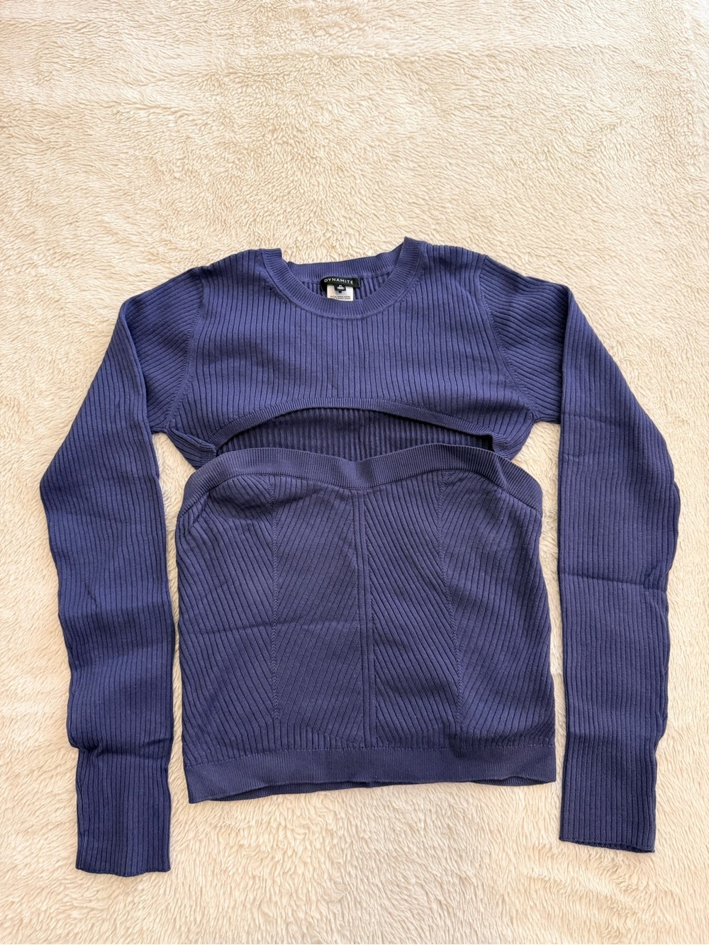 Dynamite Navy Blue Ribbed Cutout Long Sleeve Top